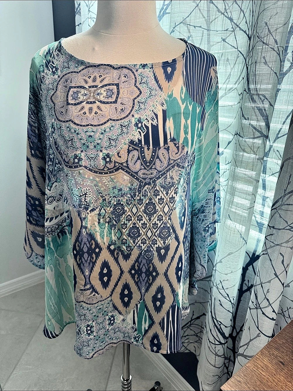 Chico's Printed Tunic Blue & Green Size Large/XL Like New